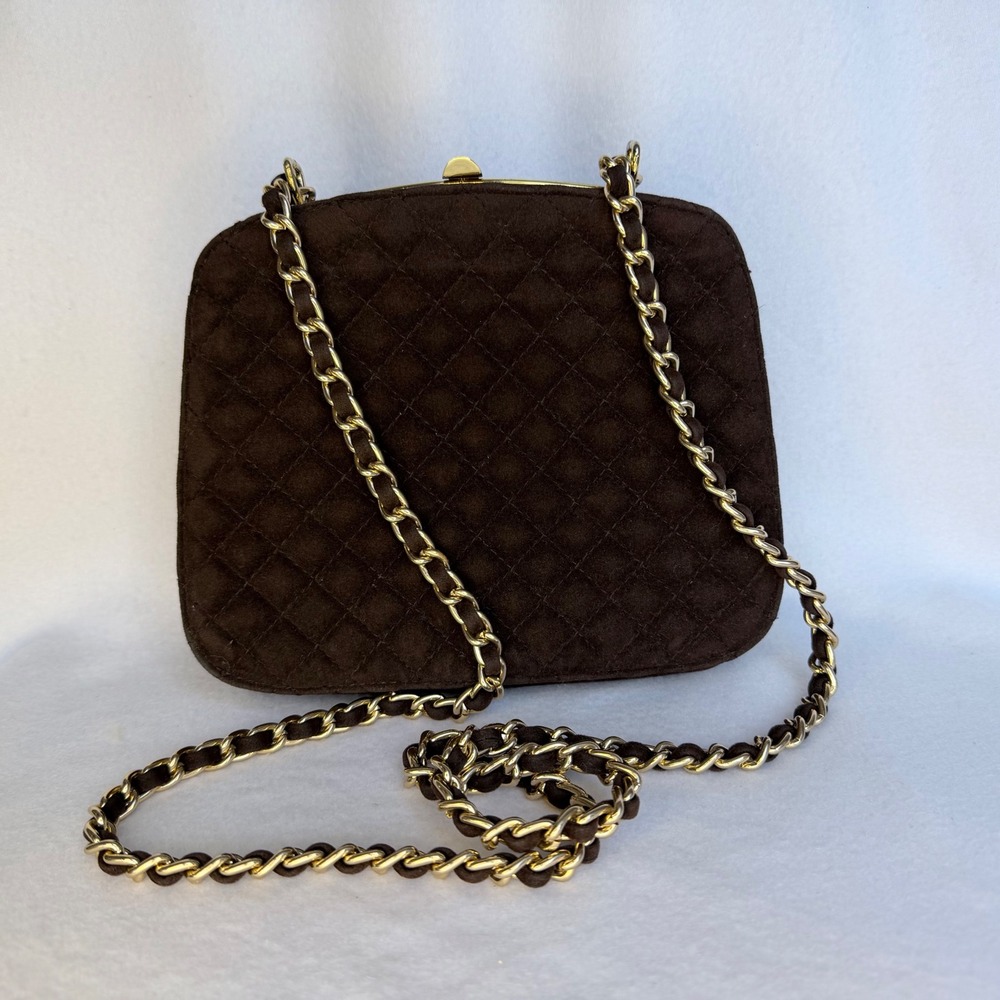 VTG Velvet Shoulder Bag Quilted Evening Bag Small Brown Gold Chain Glam‎ Retro